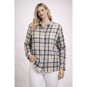 PrettyLittleThing Womens Plaid Flannel Button Down Shirt Cream Blue Size 2